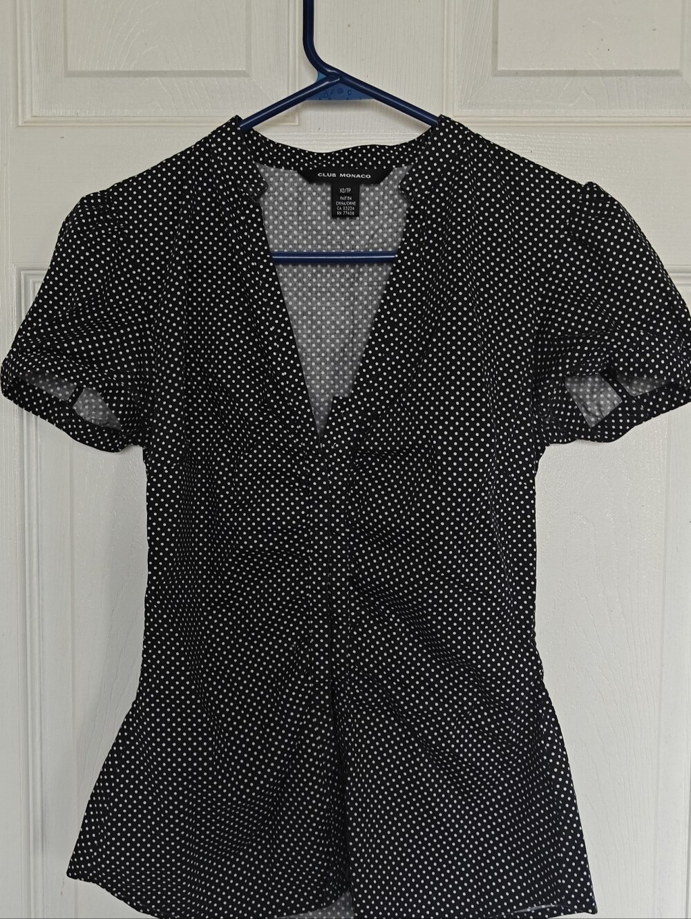 Club Monaco Black Polka Dot Cotton V-Neck Blouse, X-SMALL